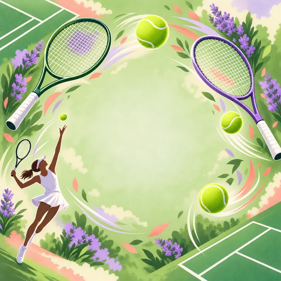 Rackets and spinning tennis balls bring bright court energy.