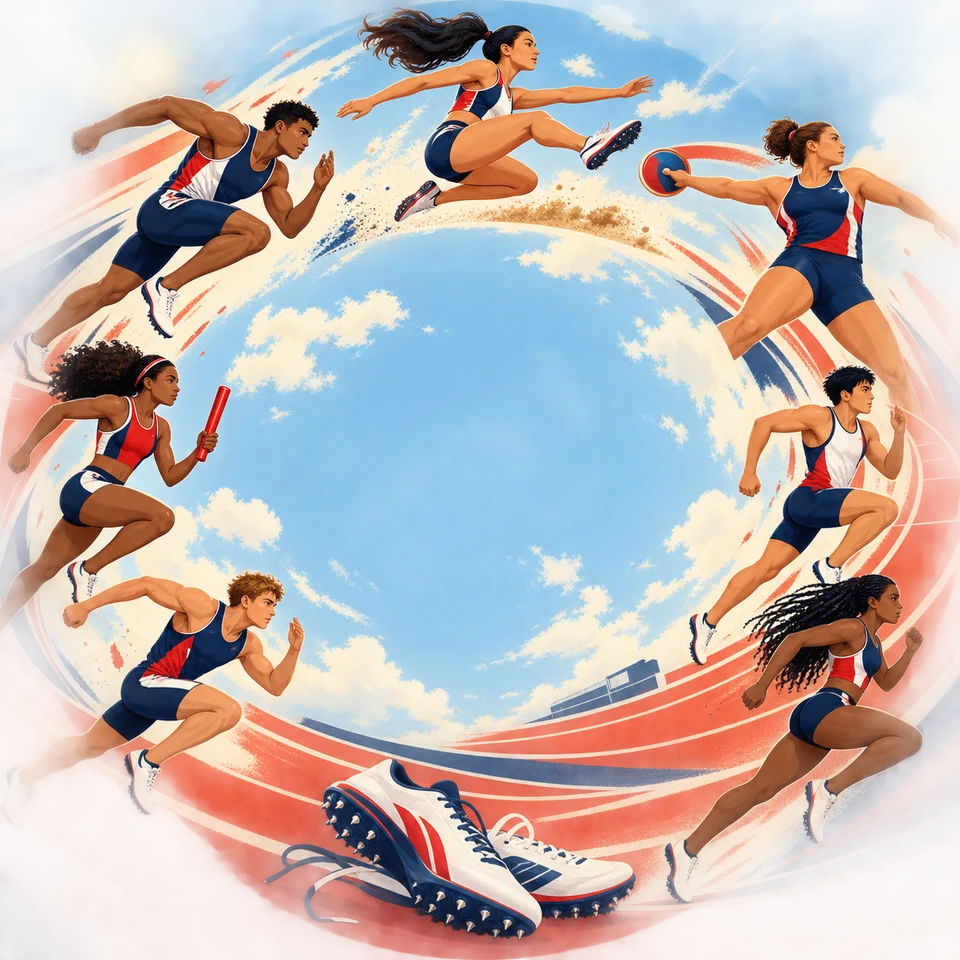 Running, jumping and throwing share one lively design.