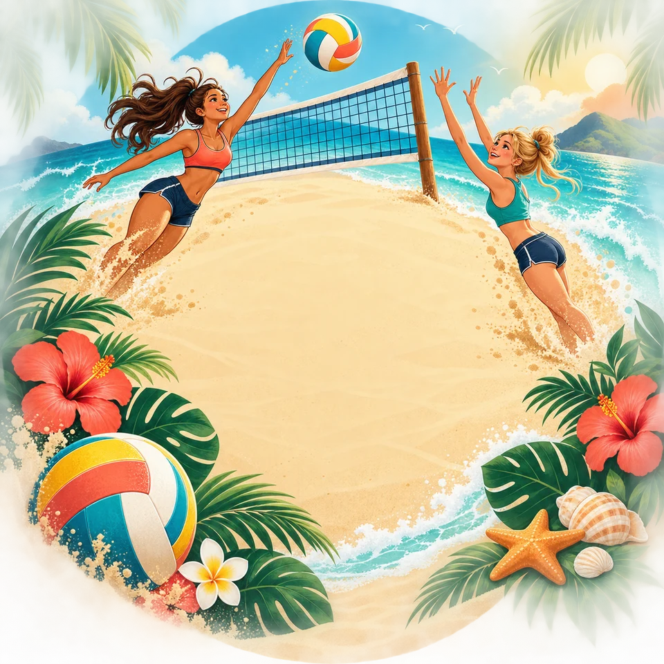 Beach volleyball action with warm sand and ocean colour.