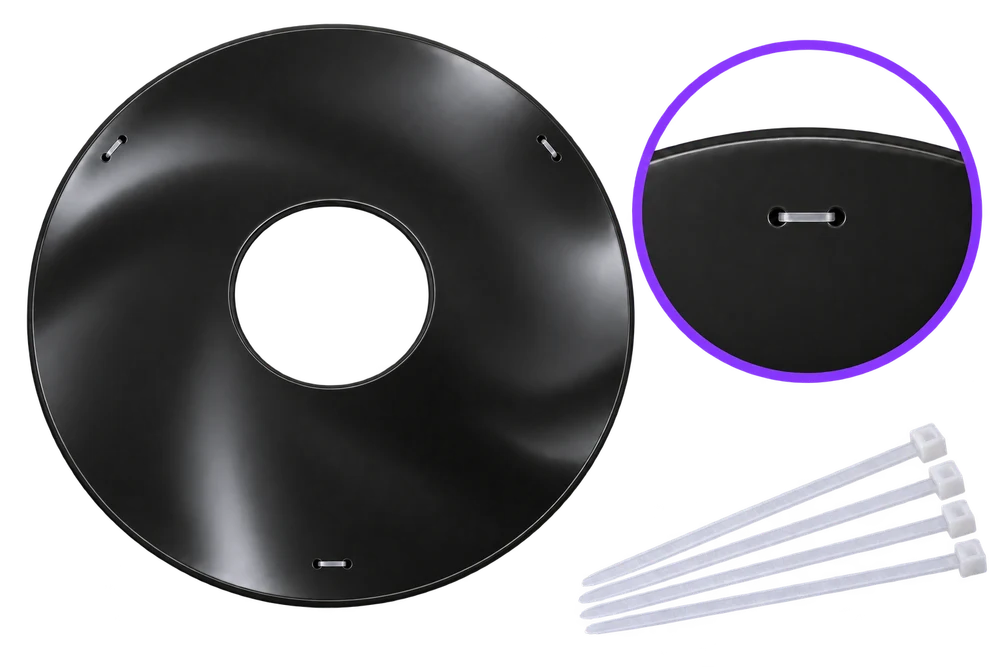 Front view of a black spoke guard with three pairs of small fixing holes. A short clear tie strip bridges each pair, enlarged in the inset. The locking heads and wheel spokes are hidden behind the guard.