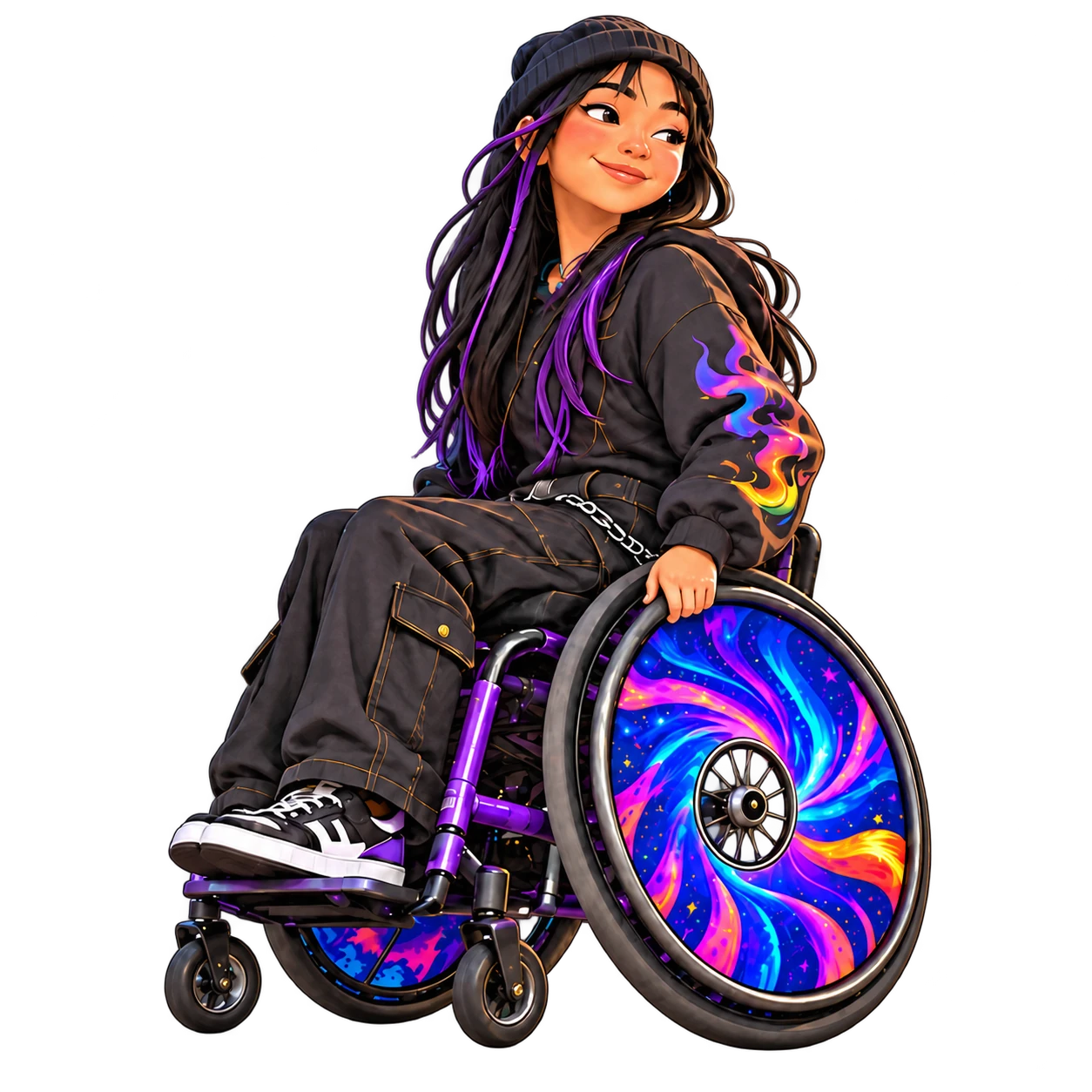 Teenager in a purple wheelchair with colourful personalised spoke guards and visible central wheel hubs.