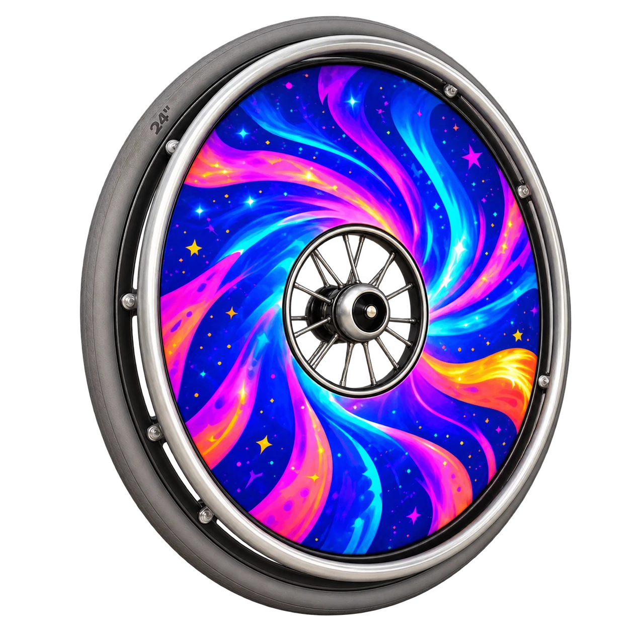 Illustrated wheelchair wheel with a slim grey tyre, a small 24-inch sidewall marking, a separate silver push rim and a colourful spoke guard with a central opening.